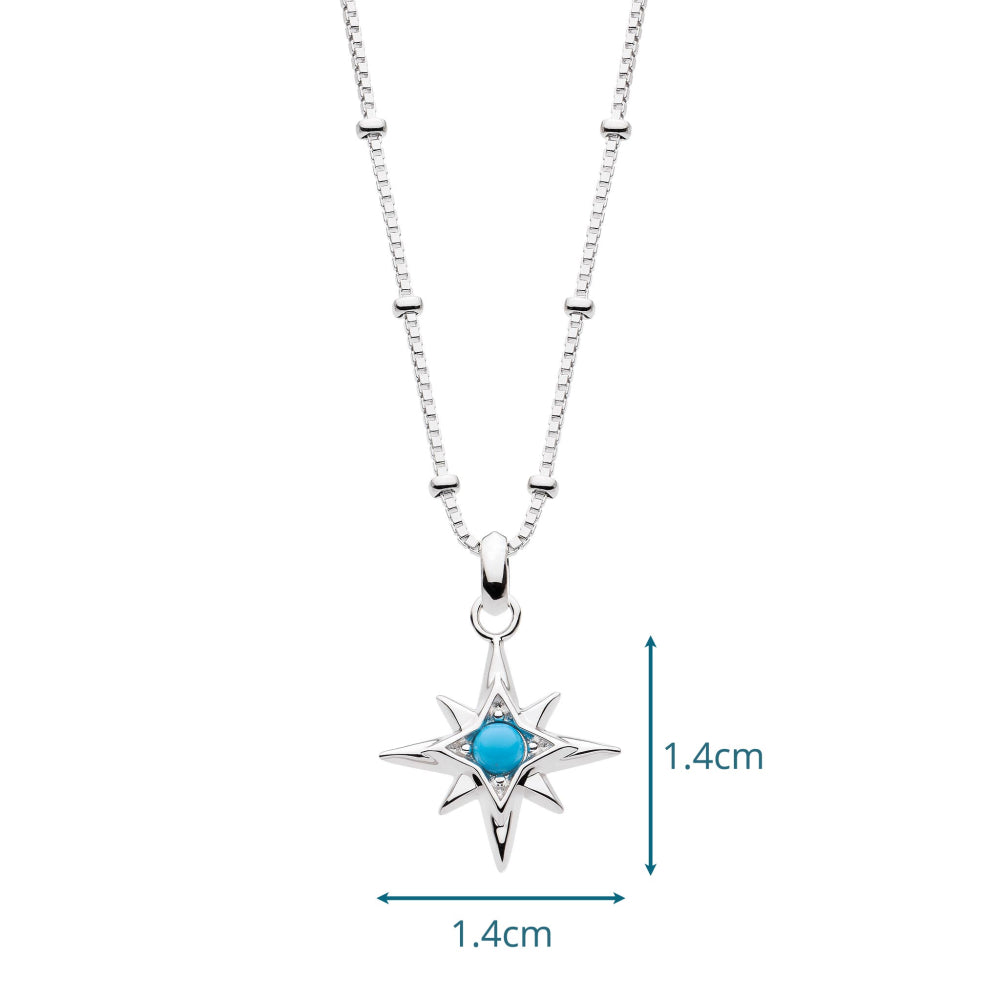 Silver necklace with a star-shaped pendant featuring a blue gemstone on a white background.