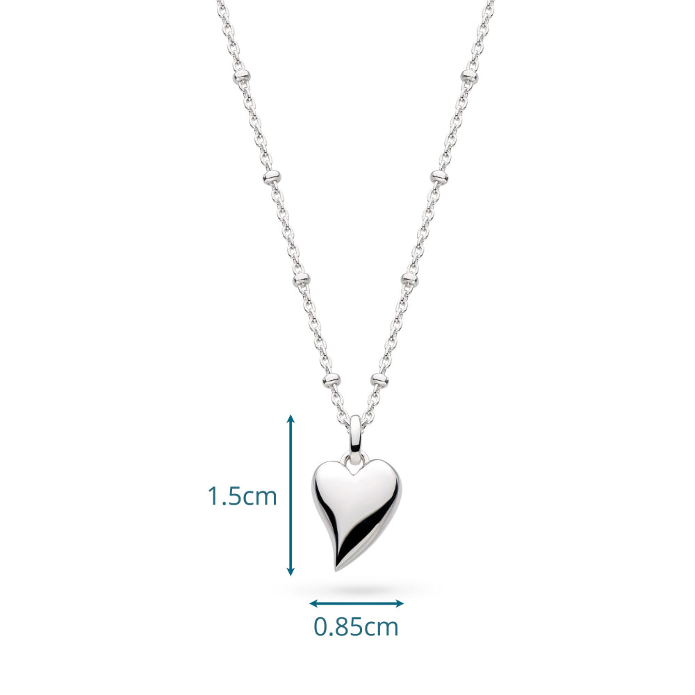 Silver heart-shaped pendant necklace with measurements on a white background