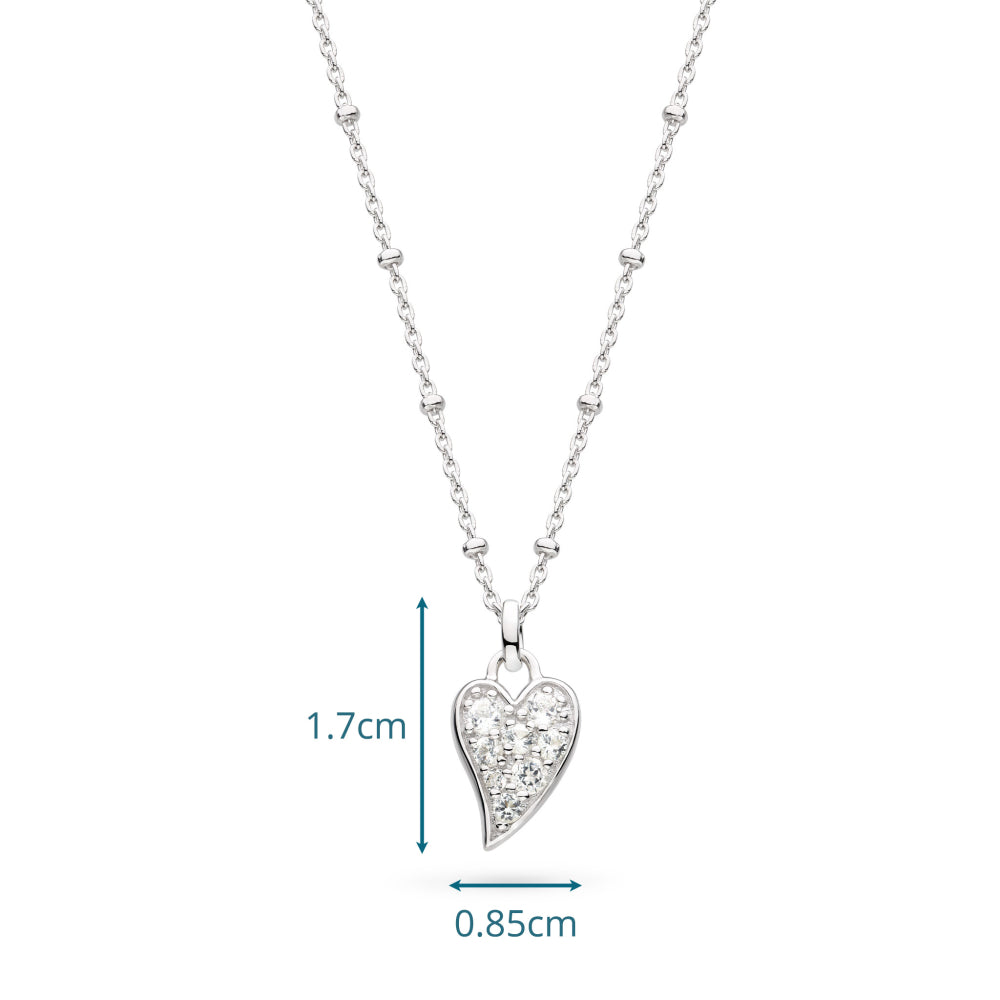 Heart-shaped pendant necklace with measurements on a white background