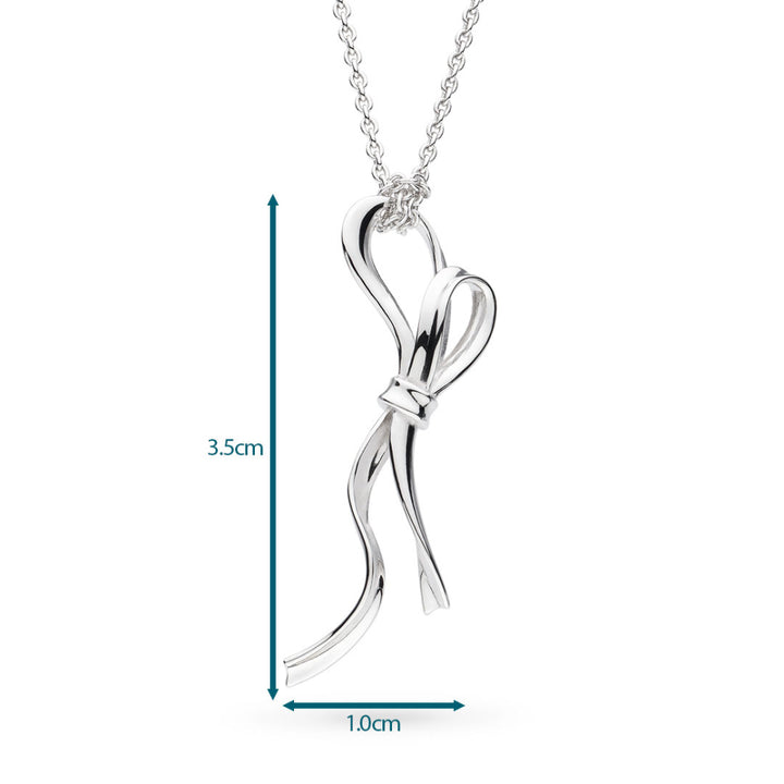 Silver bow-shaped pendant necklace with measurements on a white background