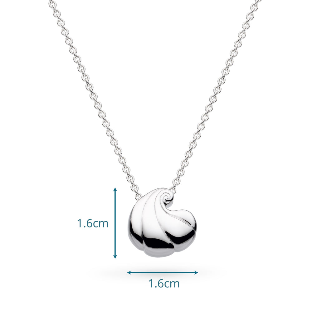 Silver necklace with a pendant, shown with measurements on a white background