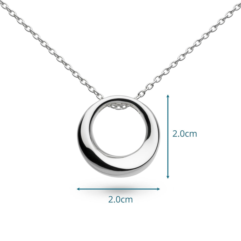 Silver necklace with a circular pendant and measurement details on a white background