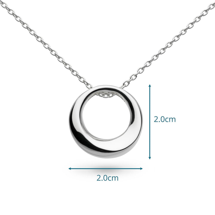 Silver necklace with a circular pendant and measurement details on a white background