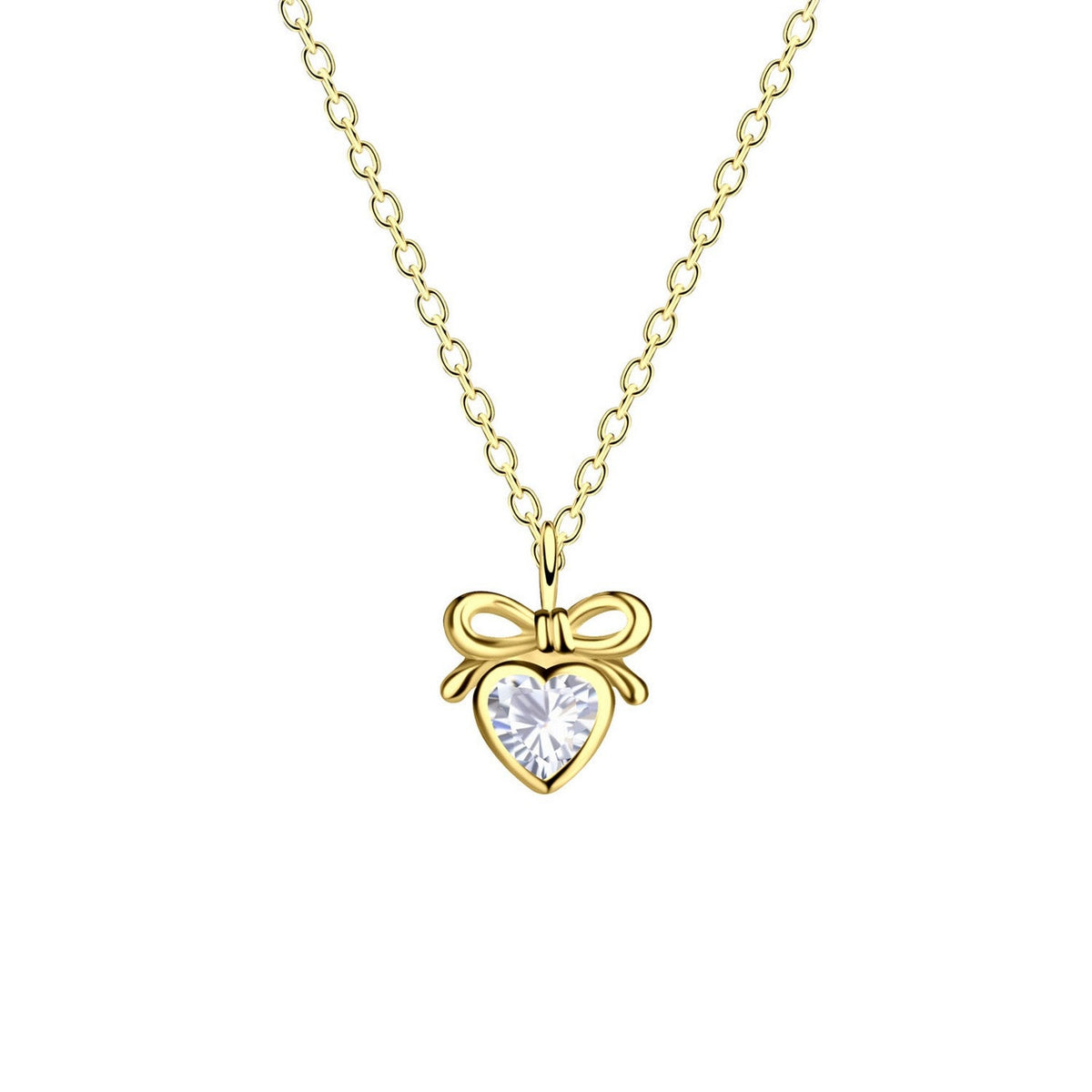 Dew Gold Plated Dainty Heart Bow CZ 18 Inch Necklace