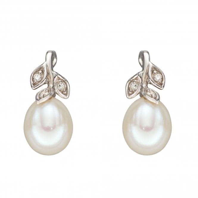 9ct Wg Fresh Water Pearl Diamond Leaf Design Earrings GE2342WElements GoldGE2342W