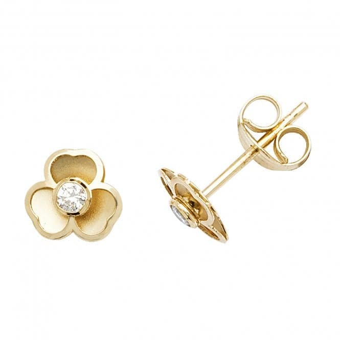 9ct Yellow Gold 3 - Petal Flower With Single Zirconia Stud Earrings ES559Acotis Gold JewelleryES559