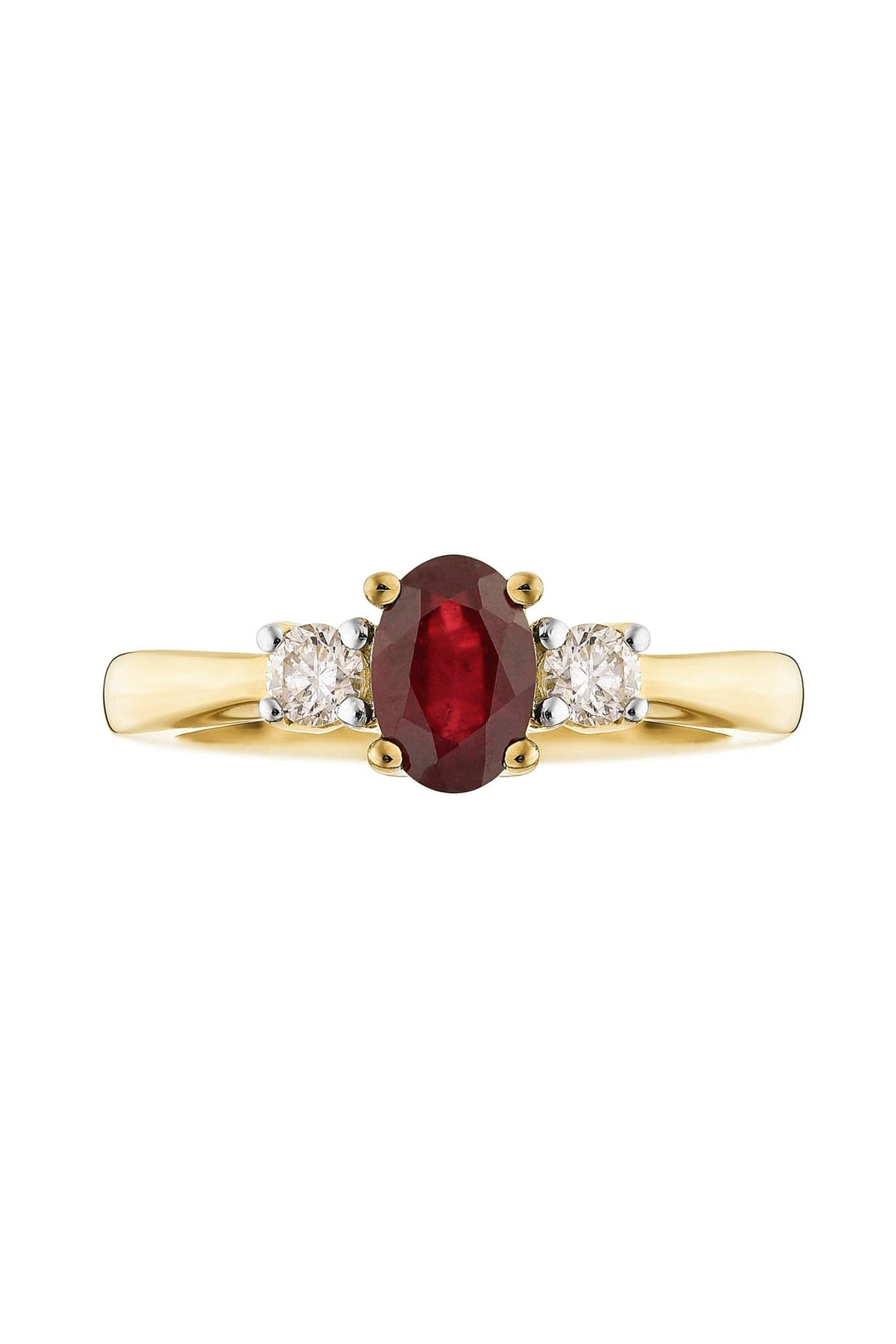 9ct Yellow Gold 6x4 Oval Treated Ruby and 0.10ct Diamond Three Stone RingThe Fine CollectiveBA0071277 - J