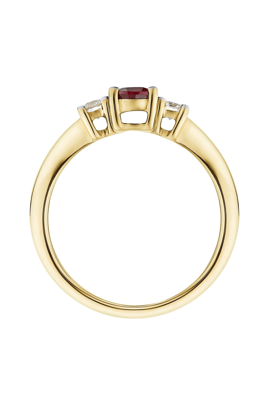 9ct Yellow Gold 6x4 Oval Treated Ruby and 0.10ct Diamond Three Stone RingThe Fine CollectiveBA0071277 - J