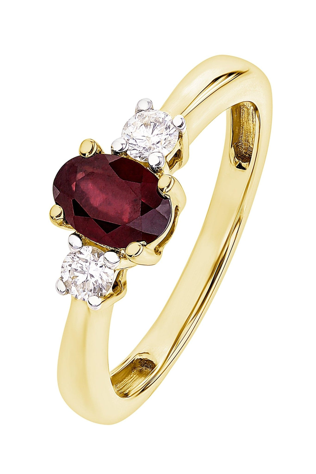 9ct Yellow Gold 6x4 Oval Treated Ruby and 0.10ct Diamond Three Stone RingThe Fine CollectiveBA0071277 - J