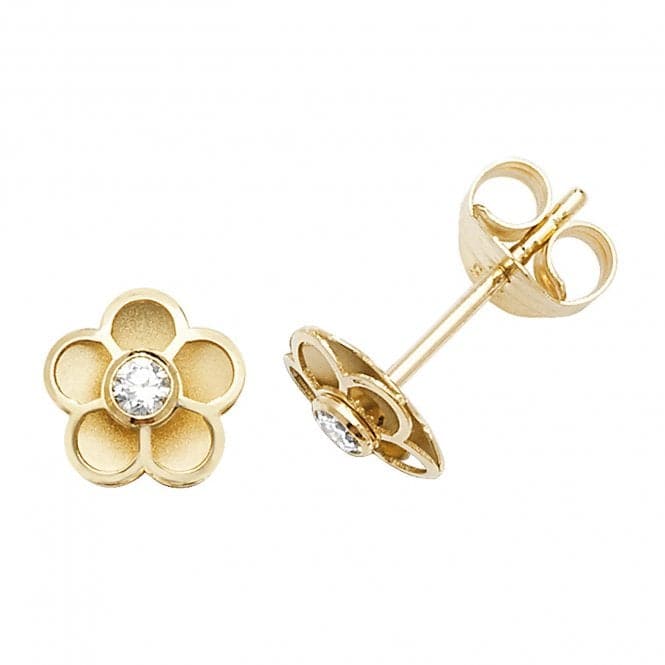 9ct Yellow Gold Flower With Single Zirconia Stud Earrings ES558Acotis Gold JewelleryES558