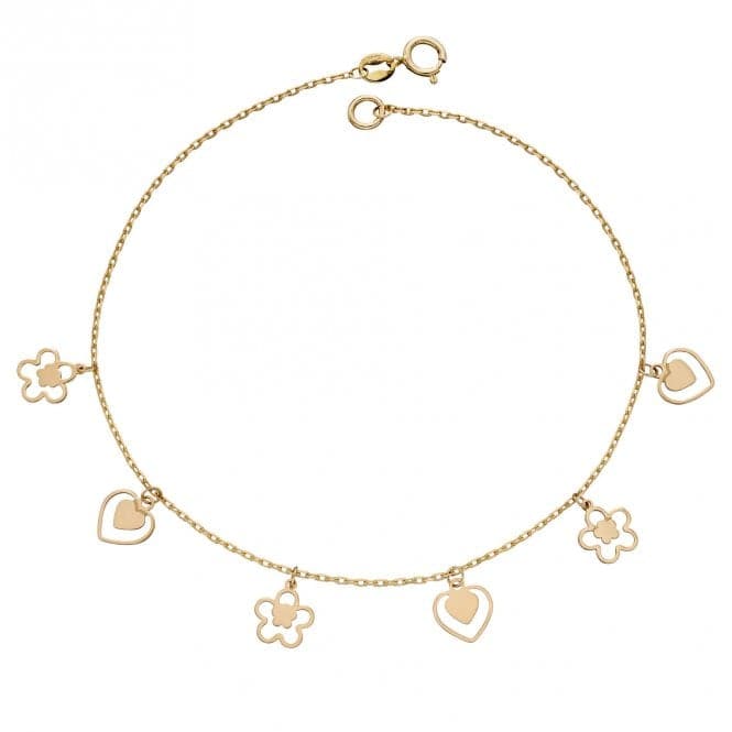 9ct Yellow Gold Heart and Flower Charm Bracelet GB508Elements GoldGB508