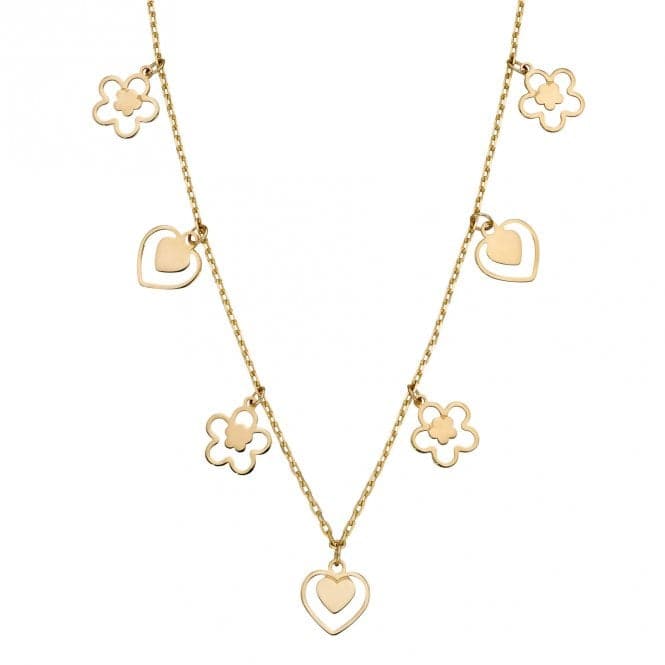 9ct Yellow Gold Heart and Flower Charm Necklace GN363Elements GoldGN363