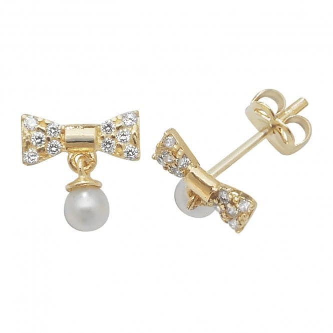 9ct Yellow Gold Zirconia Bow With Dangle Pearl Stud Earrings ES442Acotis Gold JewelleryES442