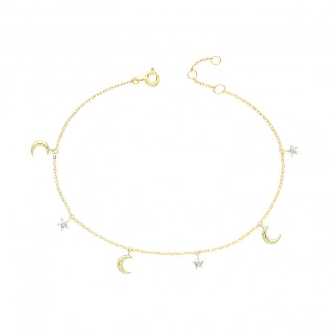 9ct Yellow Gold Zirconia Star And Moon Chain Bracelet BR651Acotis Gold JewelleryBR651