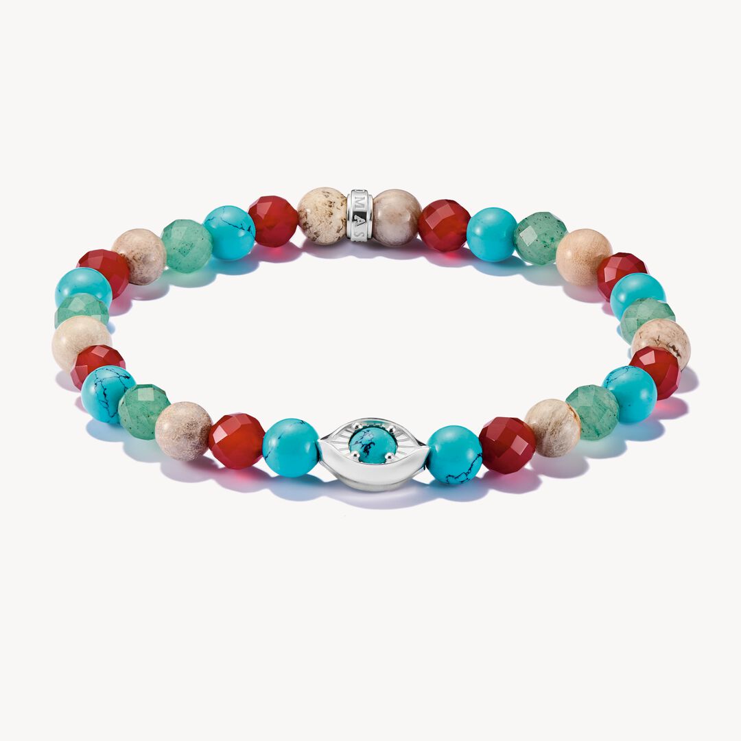 Multicolored beaded bracelet with a silver clasp on a white background