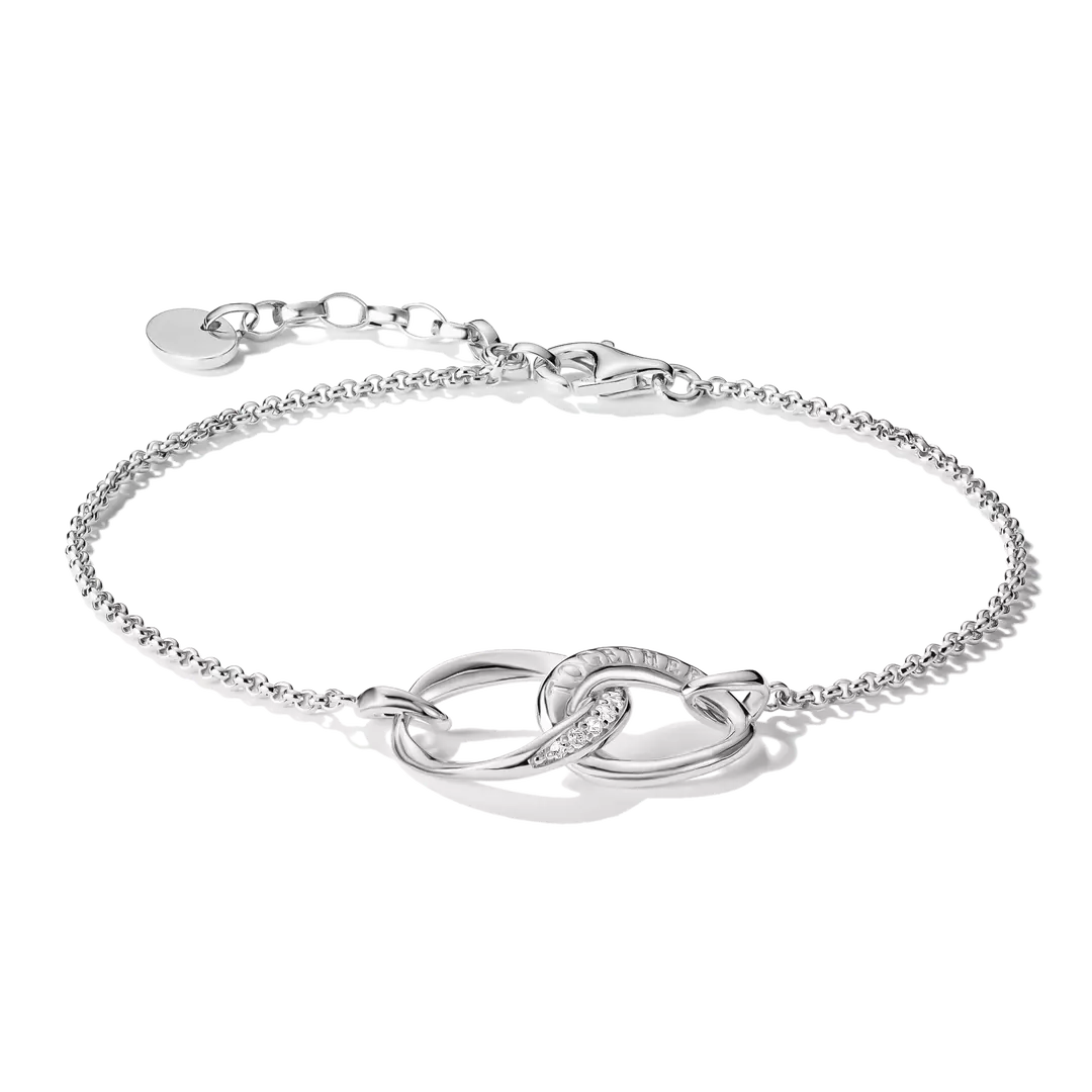 A silver chain bracelet with interlocking oval links, one of which is adorned with small clear stones, shown on a white background.
