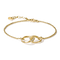 A gold chain bracelet with a central interlocking rings motif, one ring accented with small clear stones, shown on a clean white background.