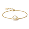 A delicate gold chain bracelet featuring a central oval bezel-set white pearl surrounded by small clear stones, with an adjustable lobster clasp and extension chain on a white background.