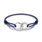 A navy blue cord bracelet with a polished silver infinity-style centerpiece featuring a pavé-set clear stone and the engraved word 'LOVE' on one loop, shown on a white background.
