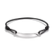 A minimalist black cord bracelet with a polished silver-tone oval plate in the center, displayed on a clean white background.