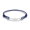A navy blue cord bracelet with a polished silver-tone oval ID plate, shown on a clean white background.
