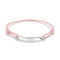 A delicate pink cord bracelet with a polished silver-tone oval plate in the center, displayed on a clean white background.