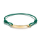 A green cord bracelet with a polished gold ID plate, displayed on a clean white background.