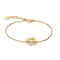 A delicate gold chain bracelet with a central interlocking double-ring motif, one ring accented with small clear stones, shown on a plain white background.