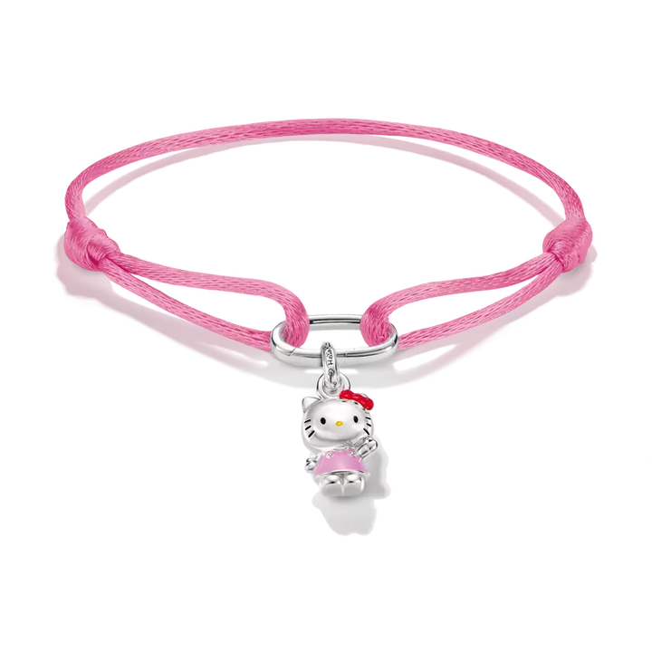 A pink braided cord bracelet featuring a silver Hello Kitty charm with a pink dress and red bow, displayed on a clean white background.