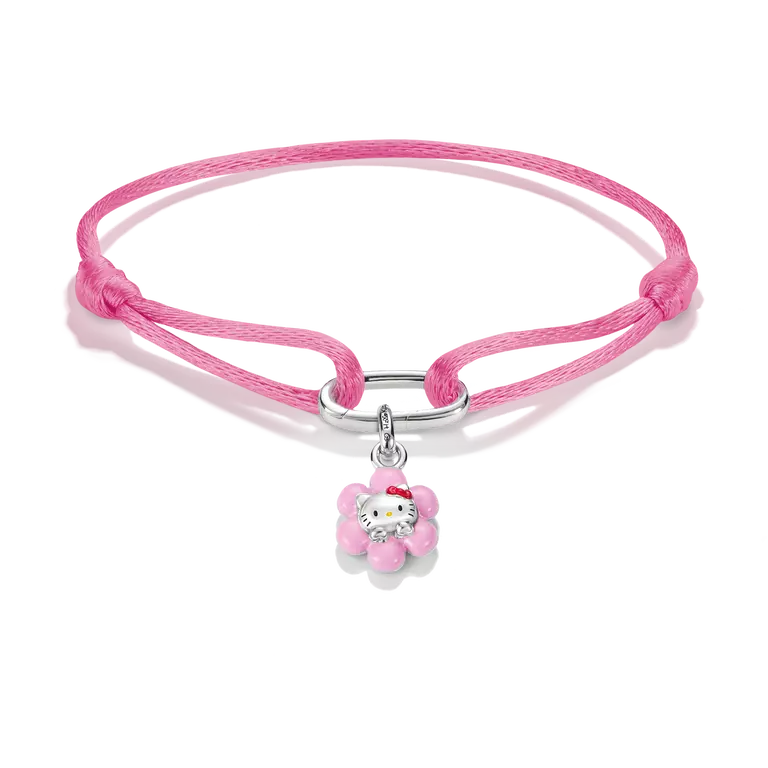 A pink braided cord bracelet featuring a silver-toned metal clasp and a Hello Kitty flower charm, displayed on a clean white background.