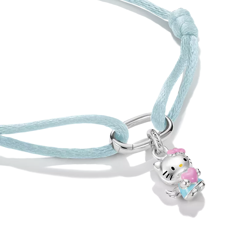 A light blue cord bracelet featuring a silver-toned Hello Kitty charm holding a pink ice cream cone, shown on a clean white background.