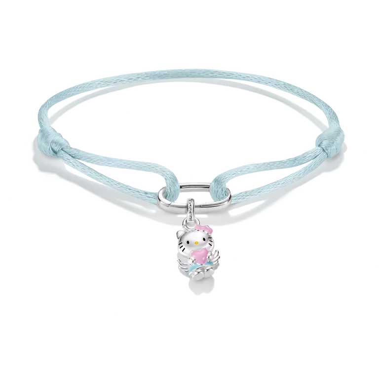 A light blue braided cord bracelet with a silver-toned metal ring and a small Hello Kitty charm featuring pink, white, and blue details, shown on a clean white background.