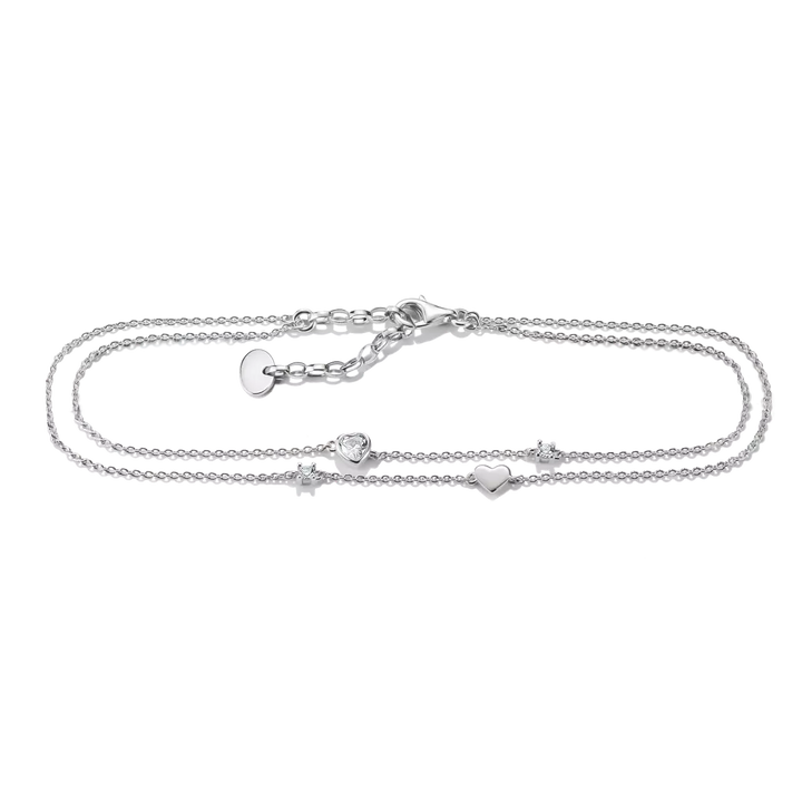 A delicate silver double-strand chain bracelet with small heart and star charms, displayed on a clean white background.