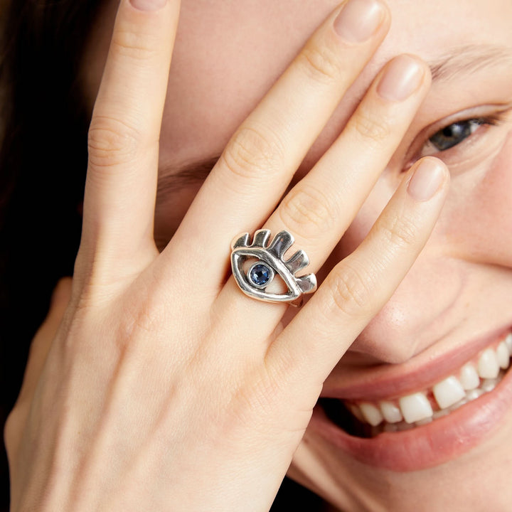 Metal Alloy Plated Sterling Silver Eye Blue Faceted Crystal Ring ANI0855AZUMTL