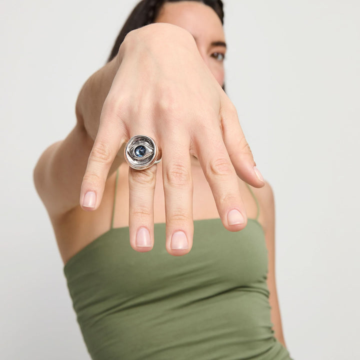 Metal Alloy Signet Plated Sterling Silver Eye Blue Crystal Ring ANI0856AZUMTL