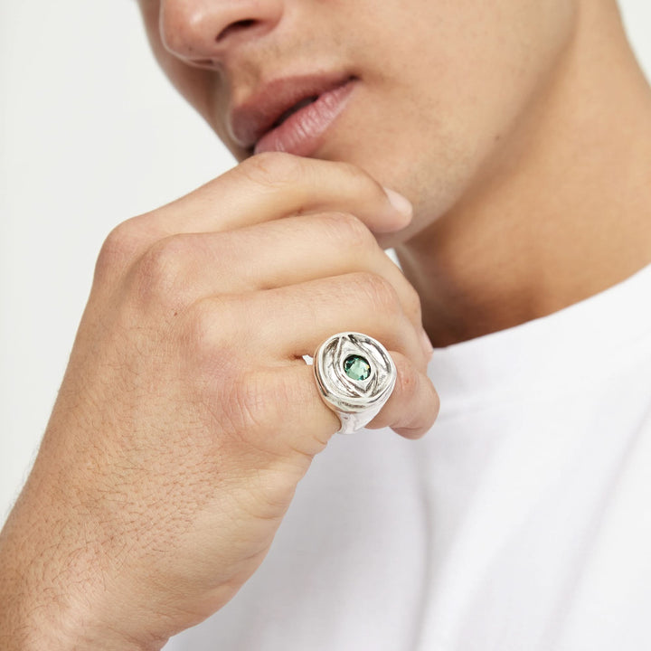 Metal Alloy Signet Plated Sterling Silver Eye Green Crystal Ring ANI0856VRDMTL