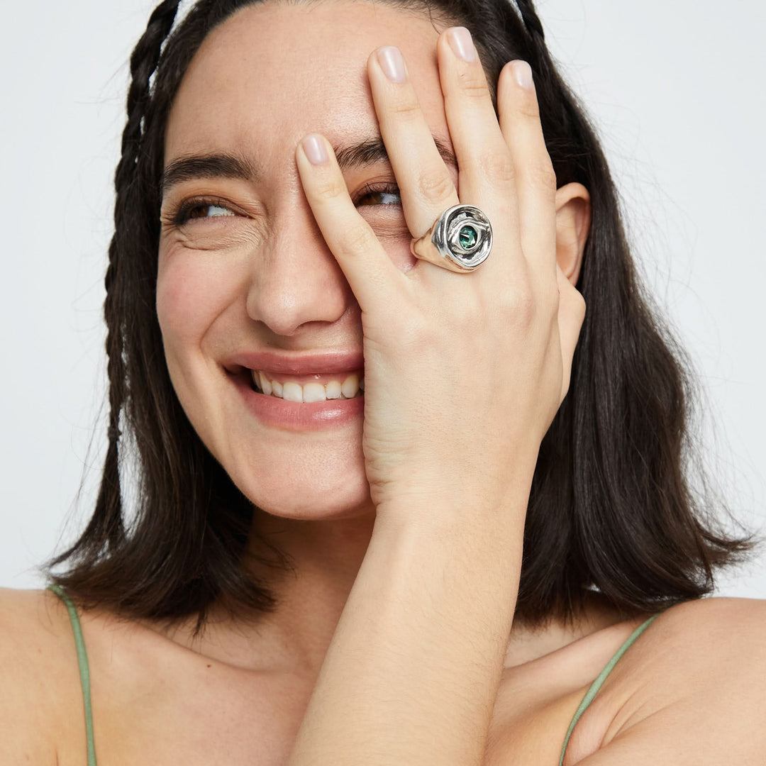 Metal Alloy Signet Plated Sterling Silver Eye Green Crystal Ring ANI0856VRDMTL