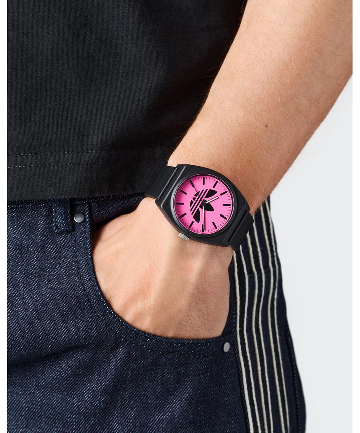 Adidas Unisex Pink Dial Black Resin Strap Watch AOST25548
