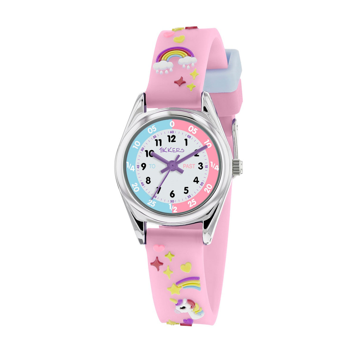 Children's watch with a pink strap featuring cartoon designs on a white background