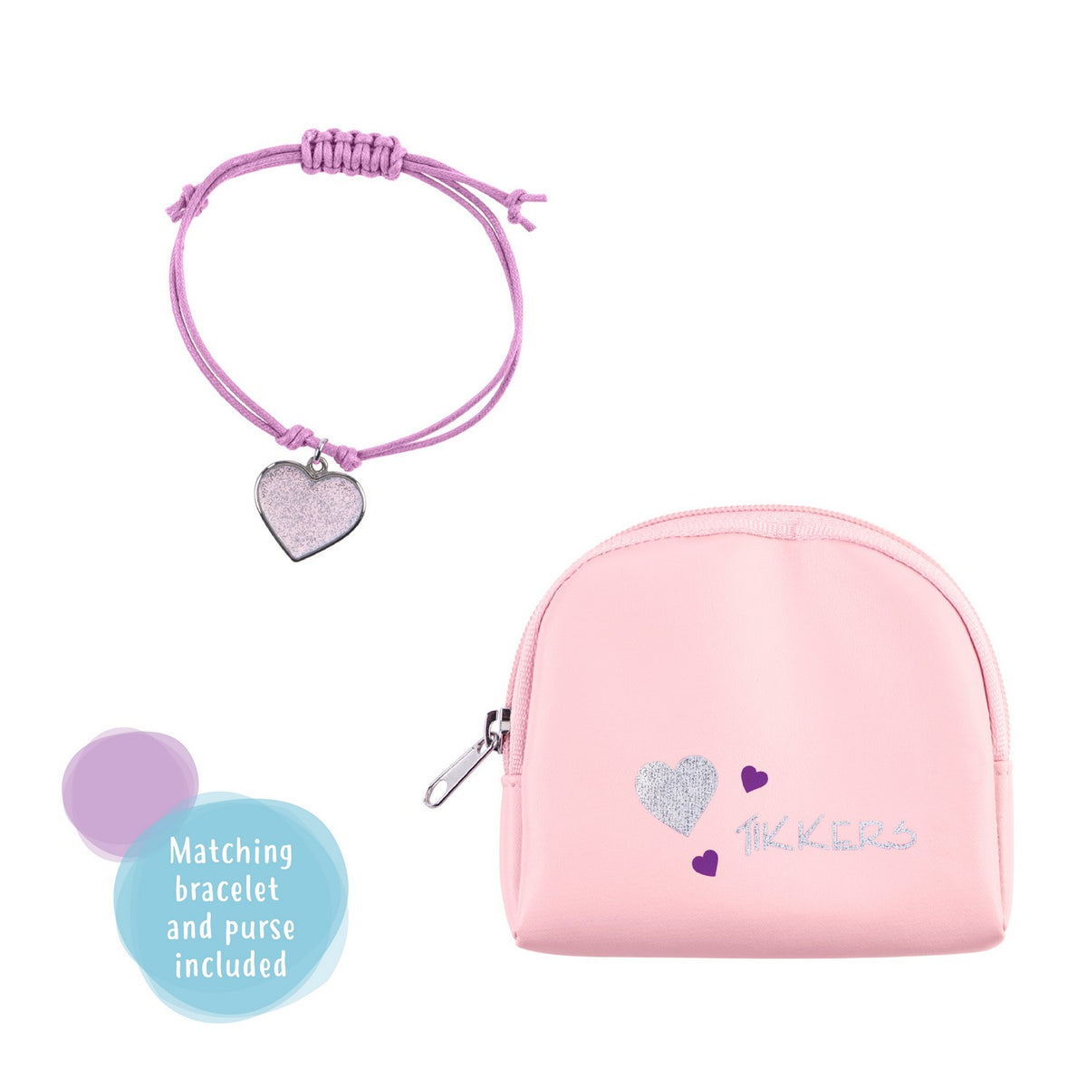 Pink purse with heart designs and matching bracelet on a white background