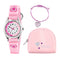 Pink watch, bracelet, and pouch set with heart designs on a white background