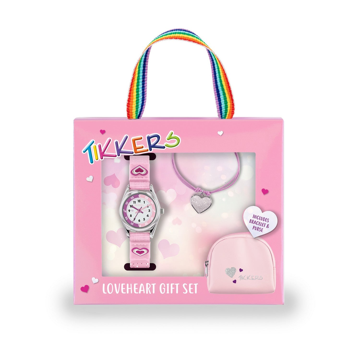 Pink watch, bracelet, and pouch set with heart designs on a white background