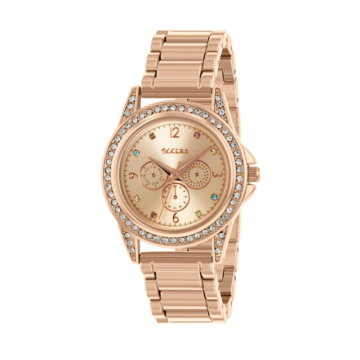 Rose gold watch with gemstone accents on a white background