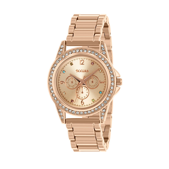 Tikkers Girls Rose Gold Metal Bracelet Multicoloured Stone Dial Watch ATK1053