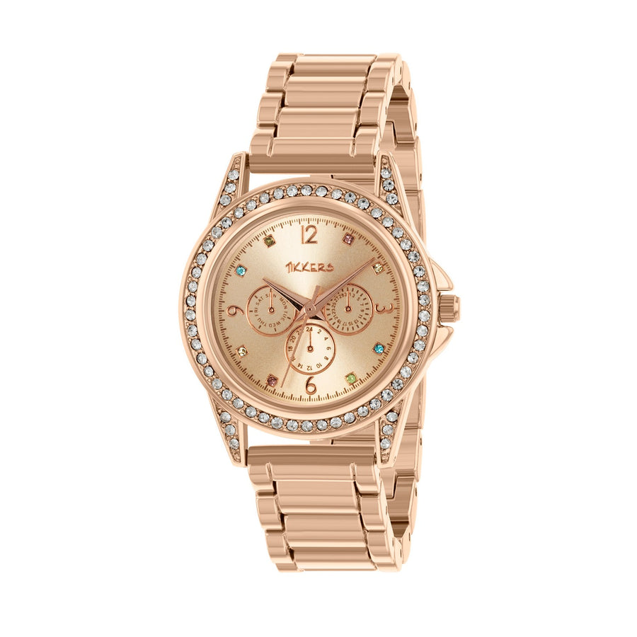 Tikkers Girls Rose Gold Metal Bracelet Multicoloured Stone Dial Watch ATK1053