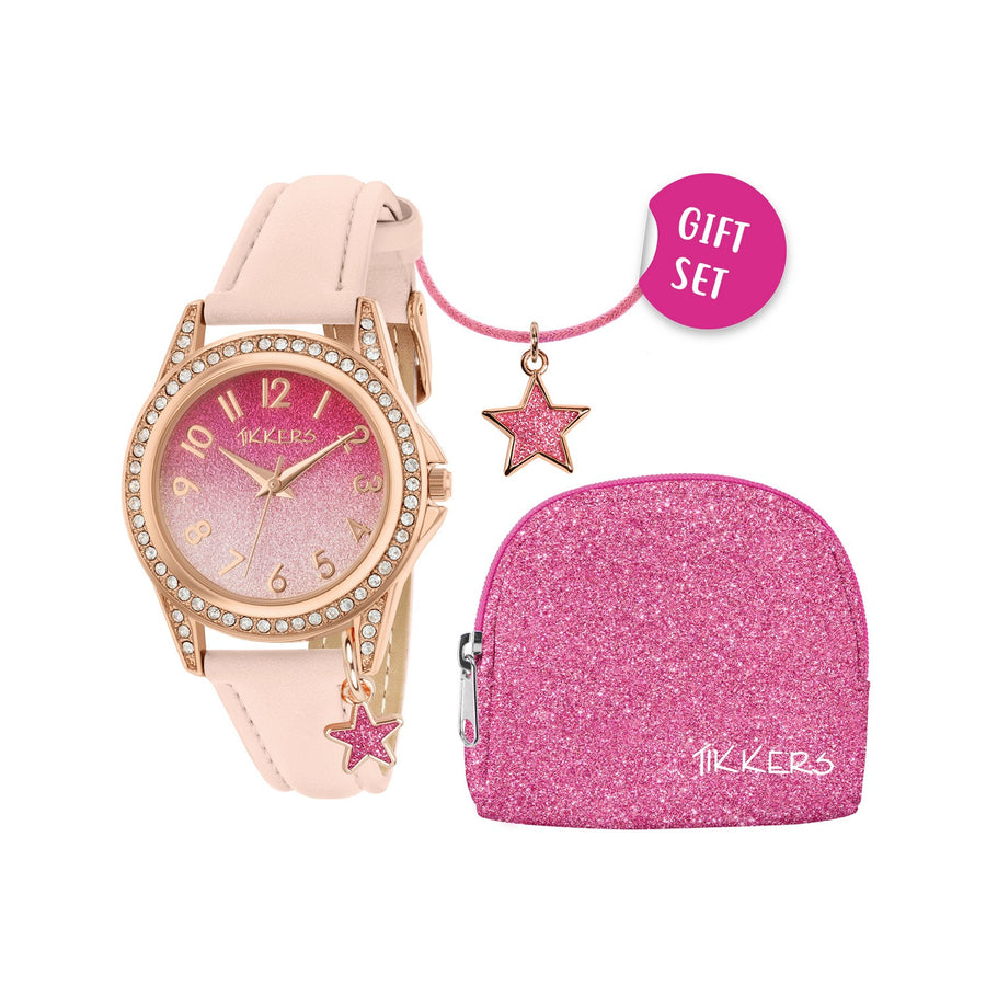 Tikkers Girls PU Strap Pink Glitter Watch Necklace Purse Set ATK1062