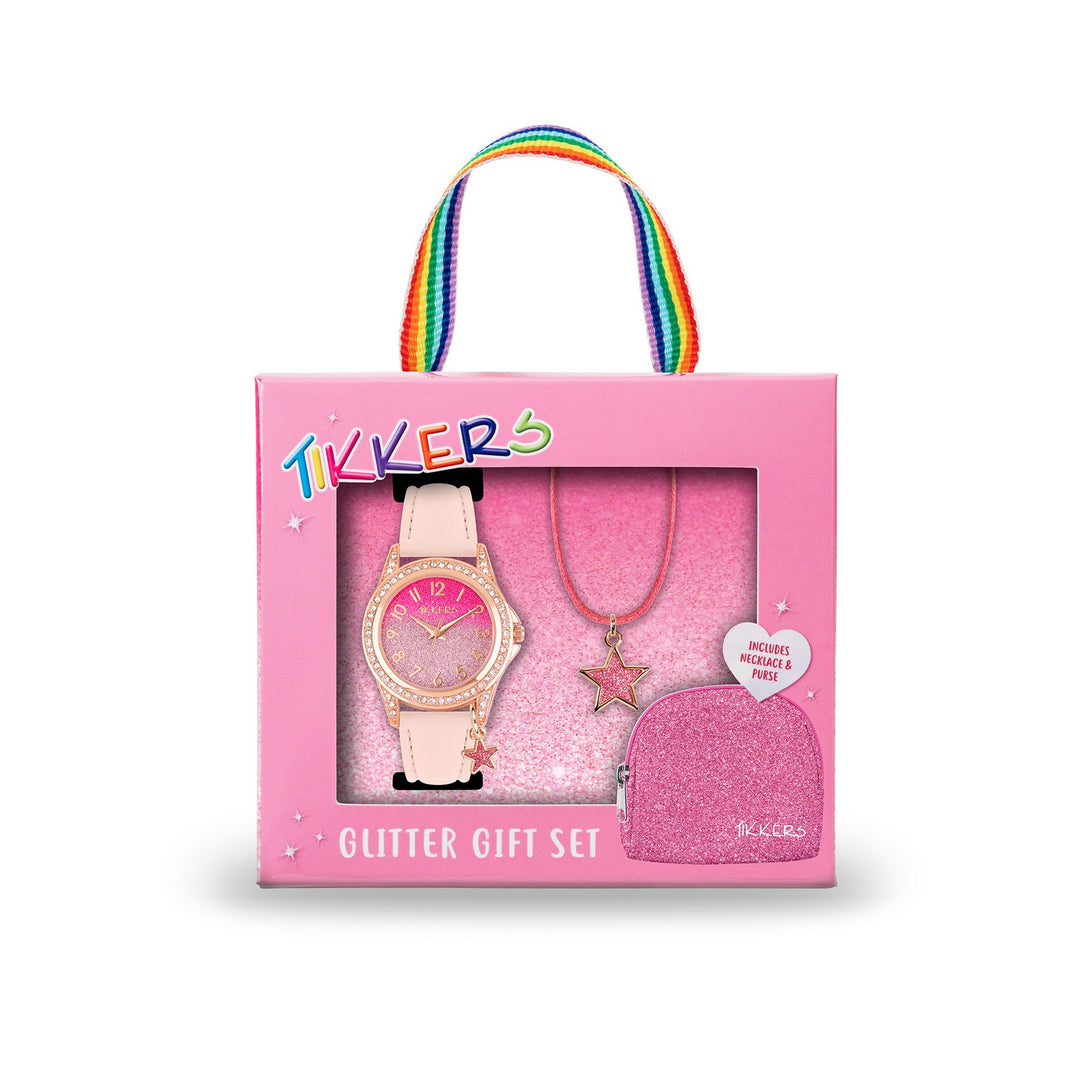 Tikkers Girls PU Strap Pink Glitter Watch Necklace Purse Set ATK1062