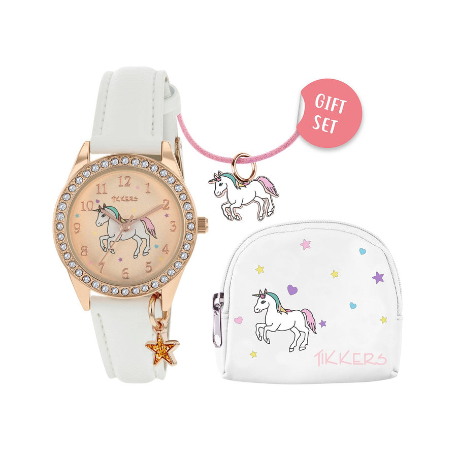 Tikkers Girls White Strap Unicorn Watch Necklace Purse Set ATK1063