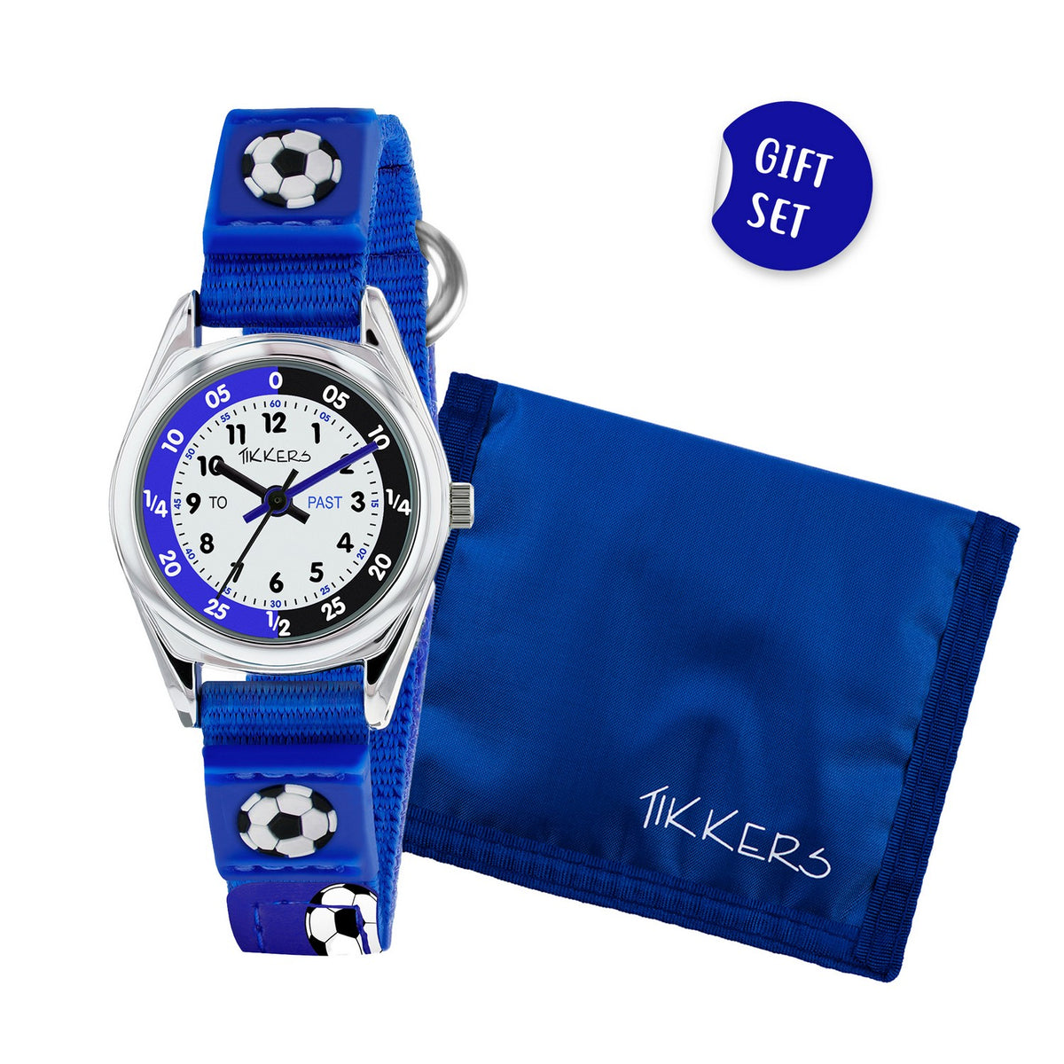 Blue watch with soccer design on strap and matching pouch, labeled 'Gift Set' by Tikkers.