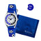 Blue watch with soccer design on strap and matching pouch, labeled 'Gift Set' by Tikkers.